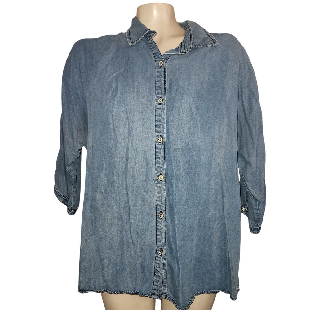 Coldwater Creek Womens L 14 Blue tencel denim Button‎ Down Shirt momcore casual